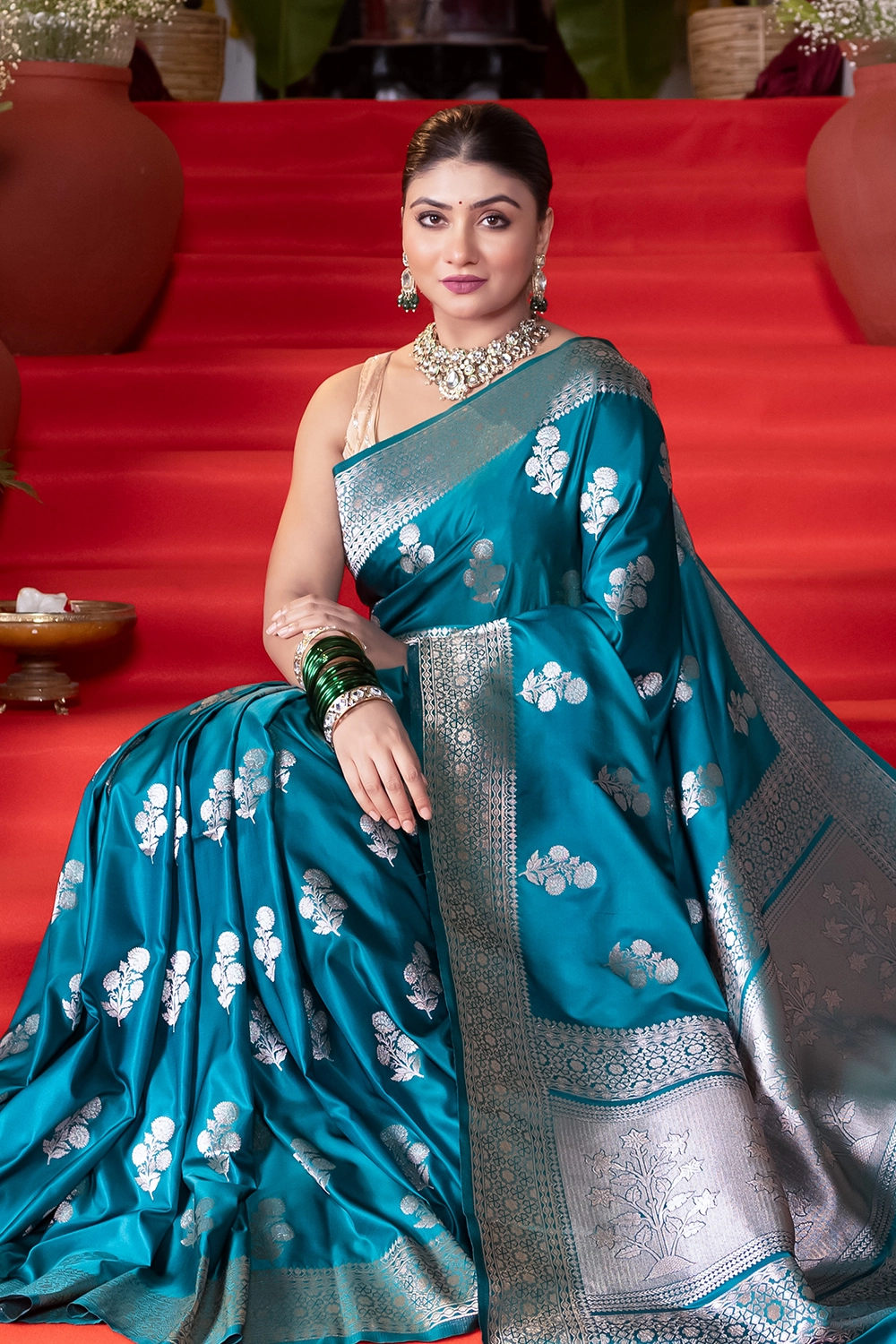 Teal Blue Fancy Mashru Silk Saree