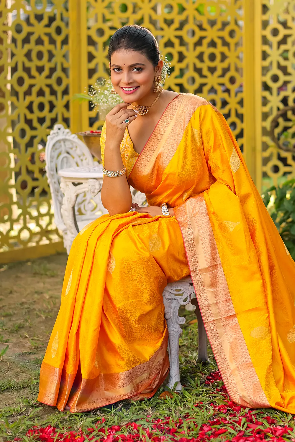 Bright Yellow Banarasi Silk Saree