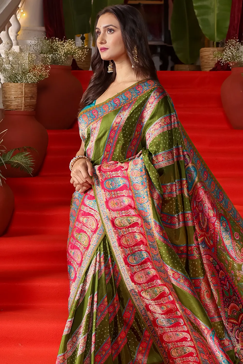 Olive Green Positional Print Fancy Saree