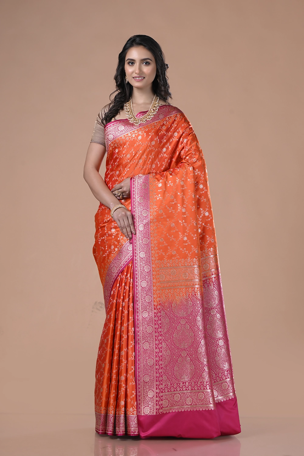 Warm Orange Mashru Banarasi Silk Saree