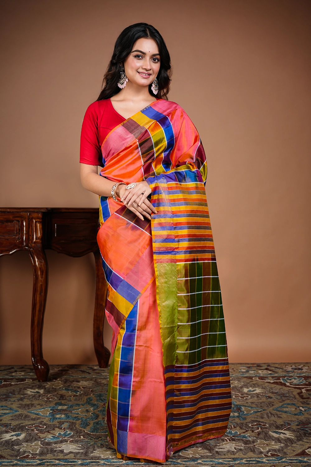 Sunset Orange Pure Bishnupuri Silk Saree