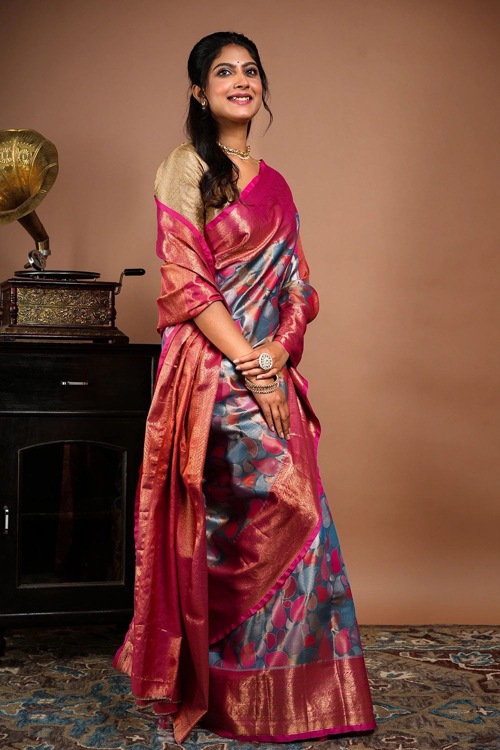 Charcoal Gray Tissue Kanjeevaram Silk Saree