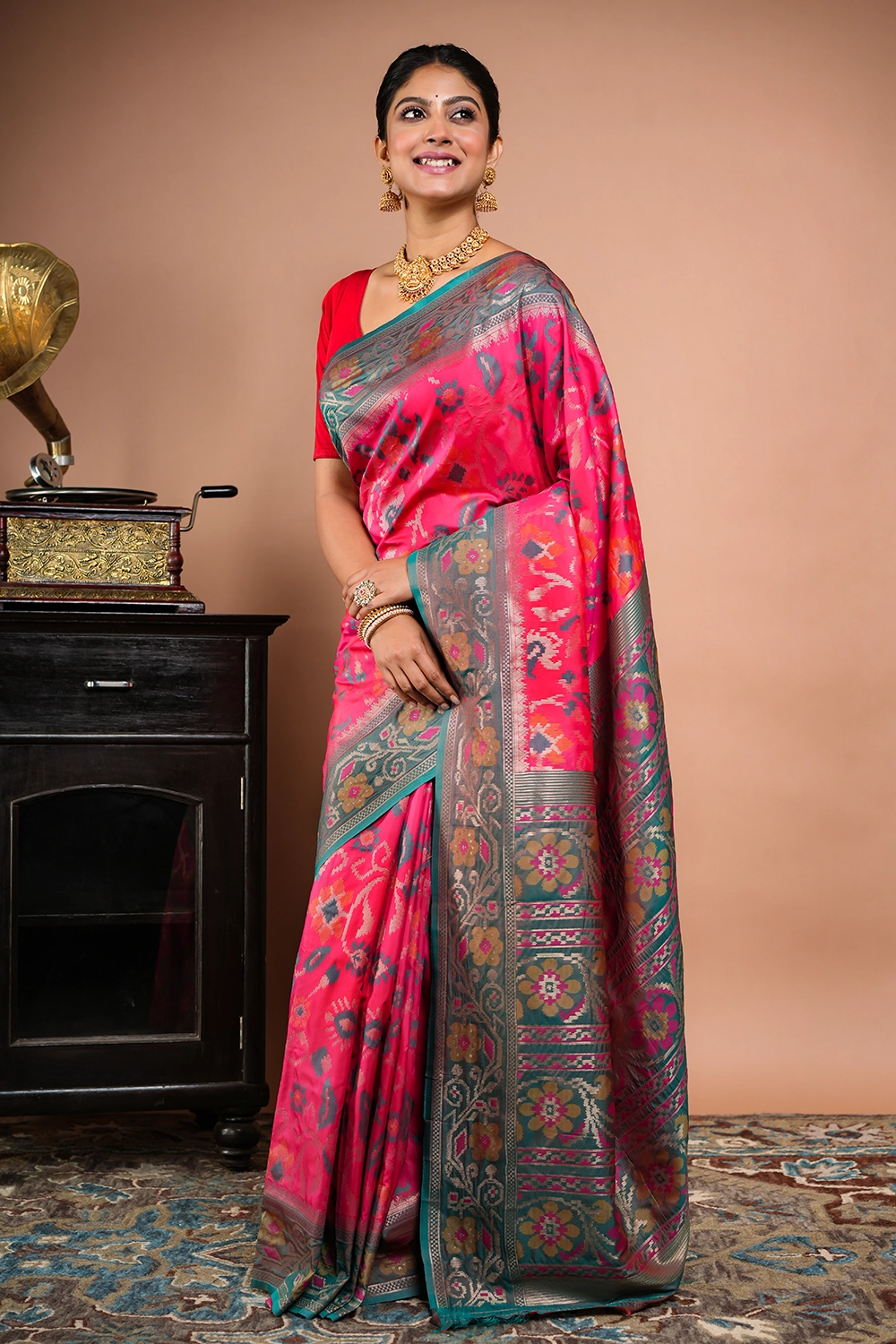 Pinkish Red Katan Pochampally Saree