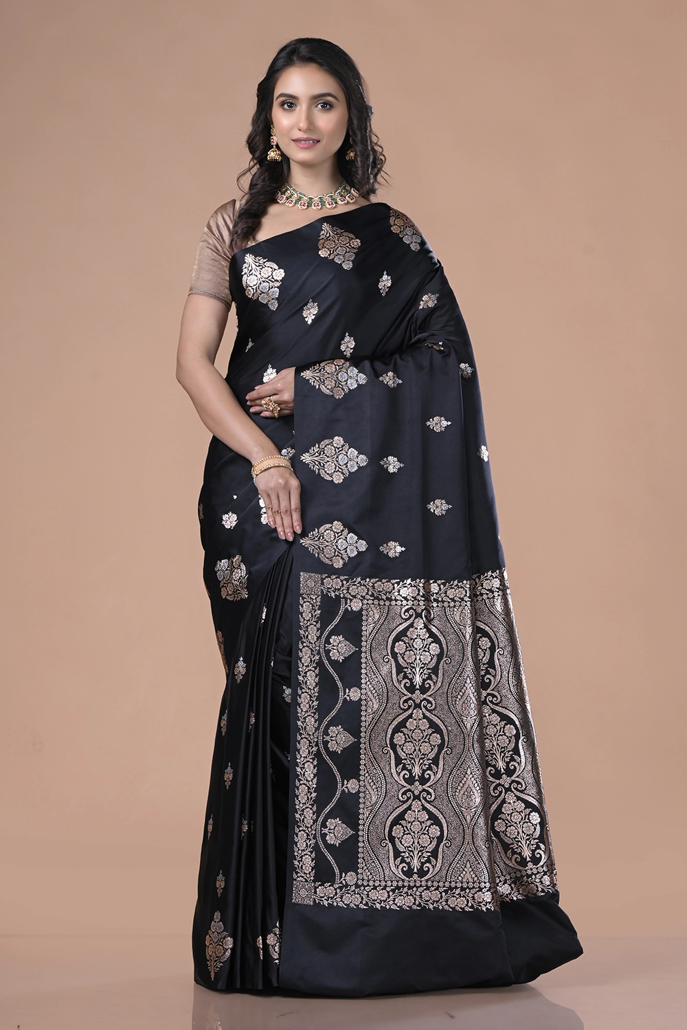 Deep Black Mashru Silk Saree