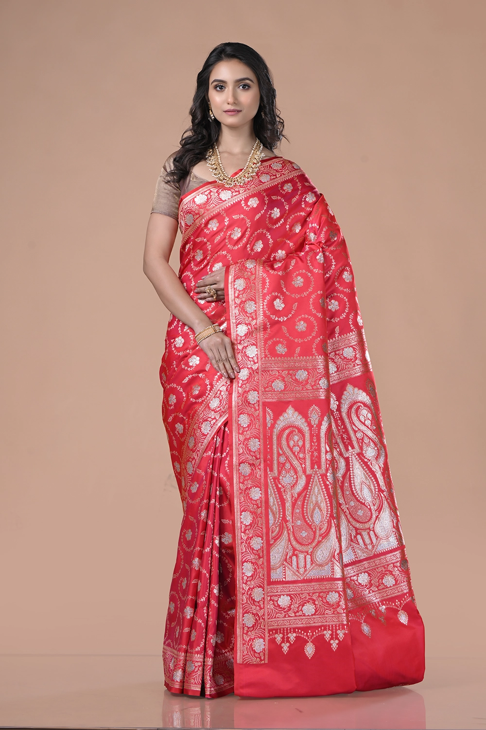 Cherry Red Banarasi Silk Saree
