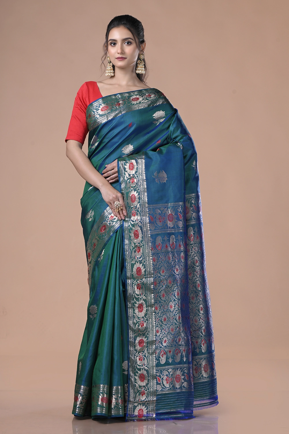 Deep Teal Blue Pure Swarnachuri Silk Saree