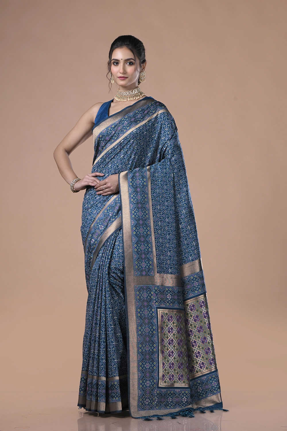 Charcoal Blue Katan Patola Saree