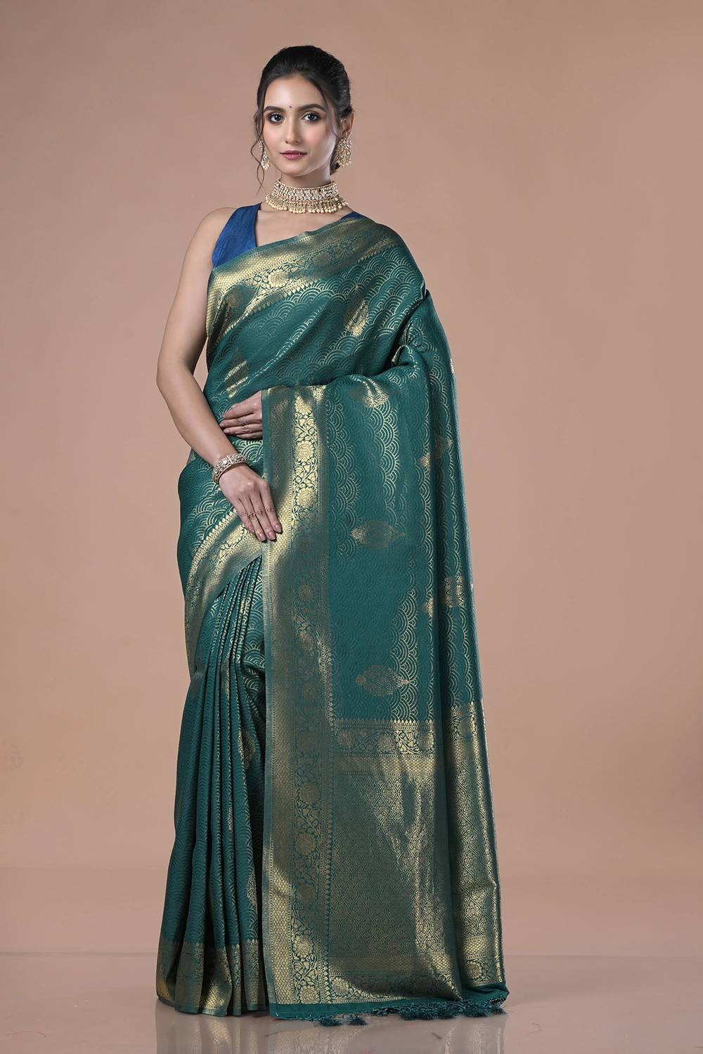 Dark Teal Green Mulberry Silk Saree