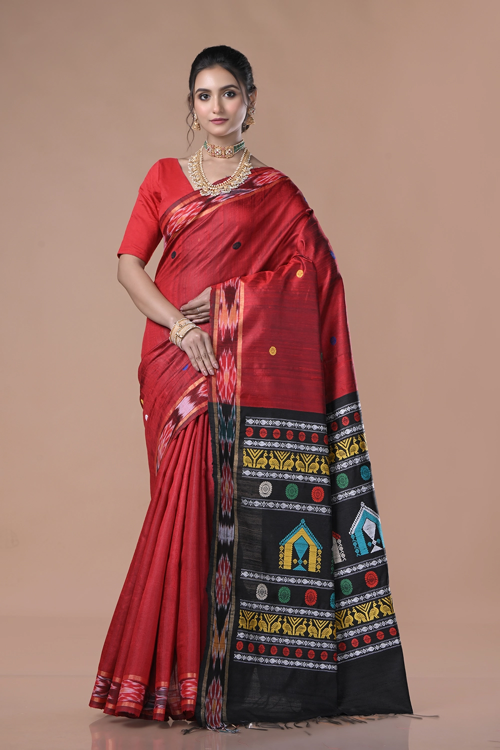 Burgundy Red Pure Tussar Saree