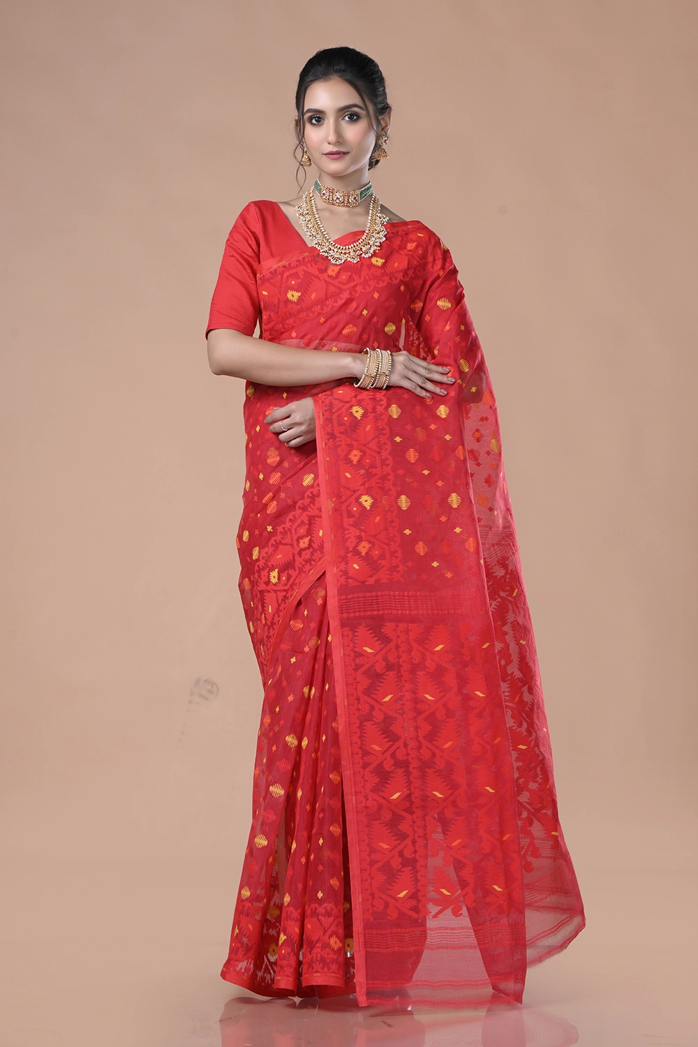 Crimson Red Dhakai Jamdani Saree