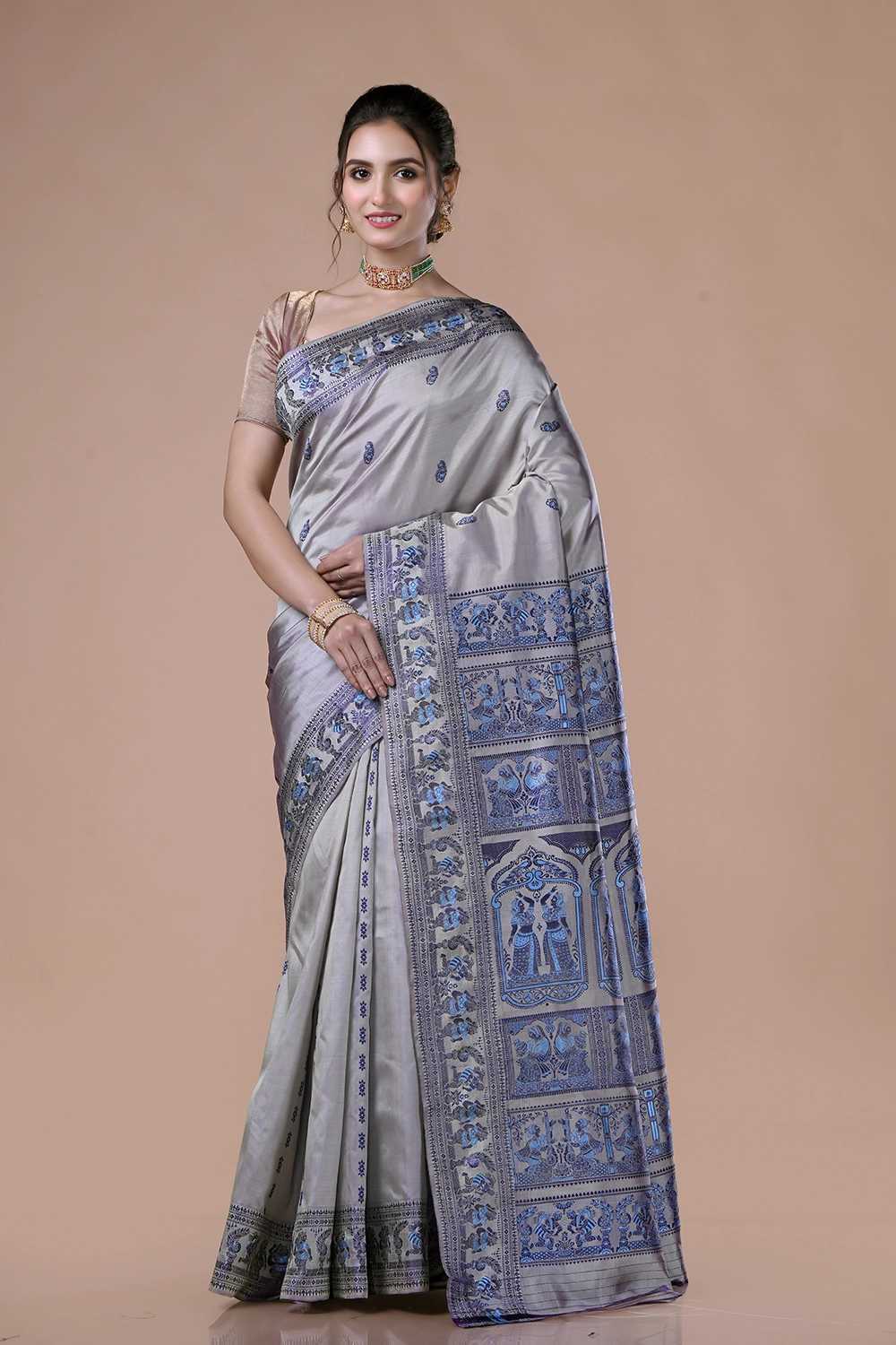 Lavender Gray Pure Baluchari Silk Saree