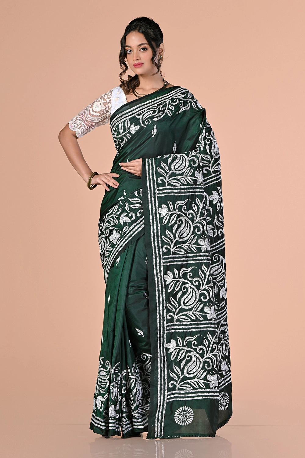 Deep Teal Green Kantha Stitch Saree