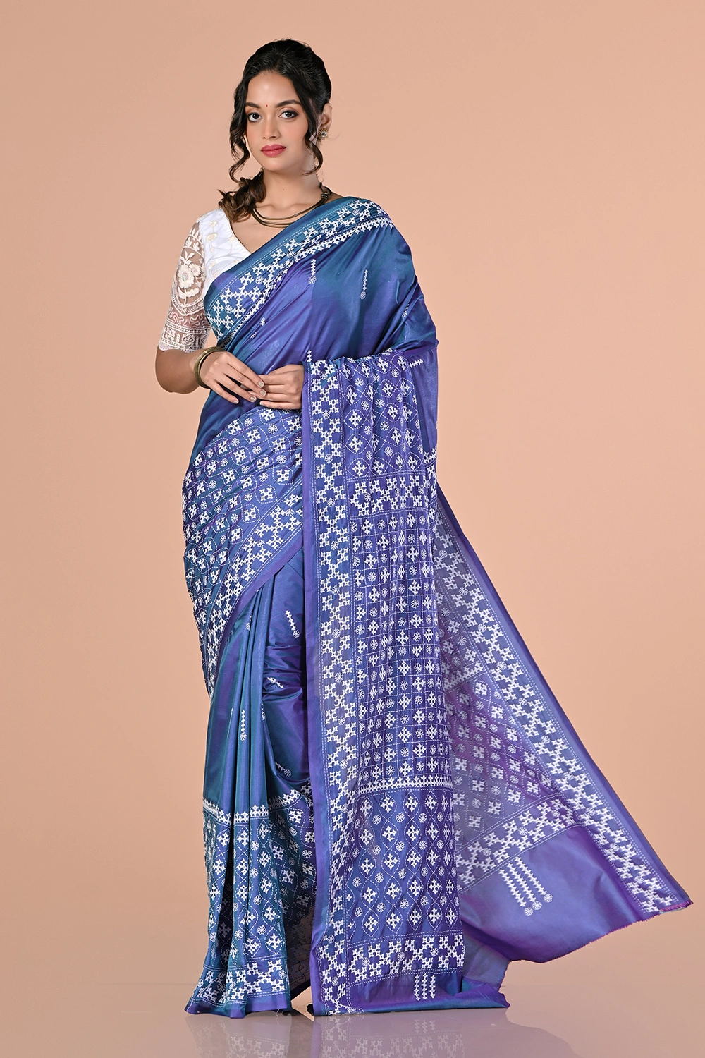 Muted Blue Kantha Stitch Saree