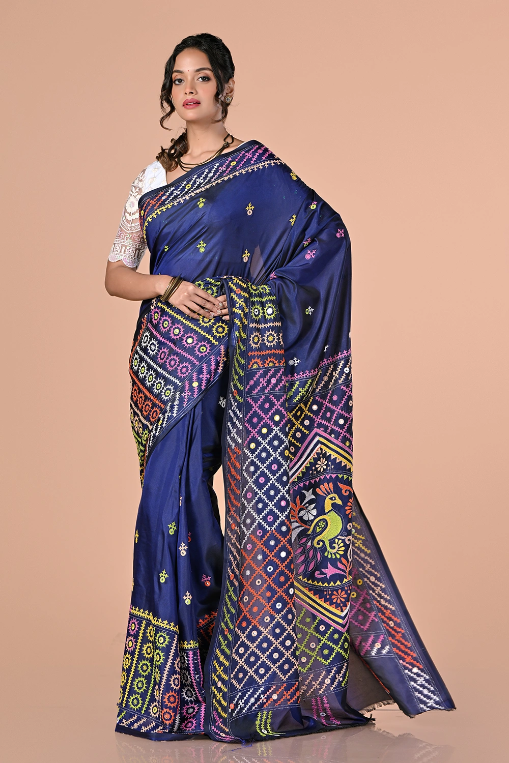 Dark Indigo Blue Kantha Stitch Saree