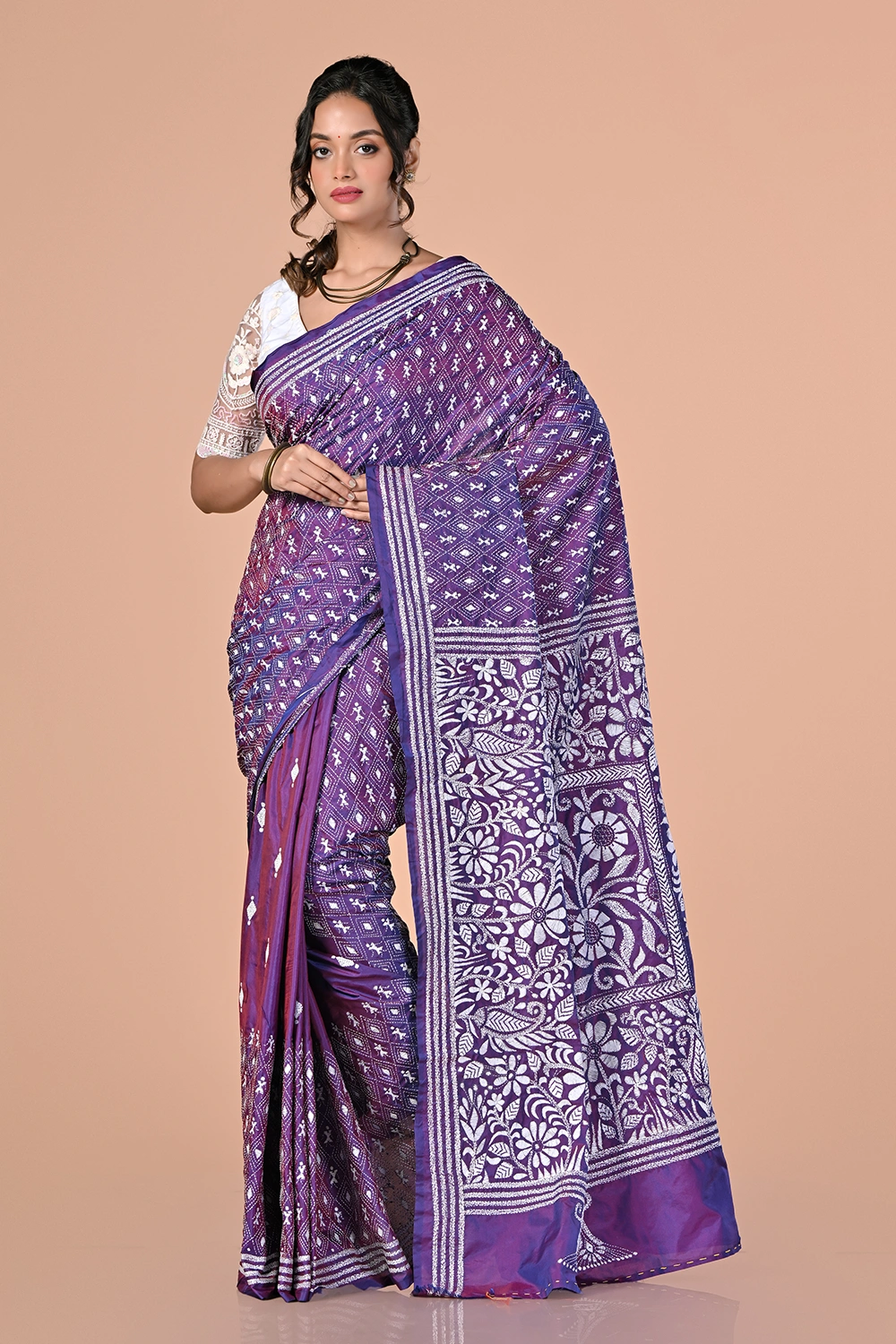 Deep Purple Kantha Stitch Saree