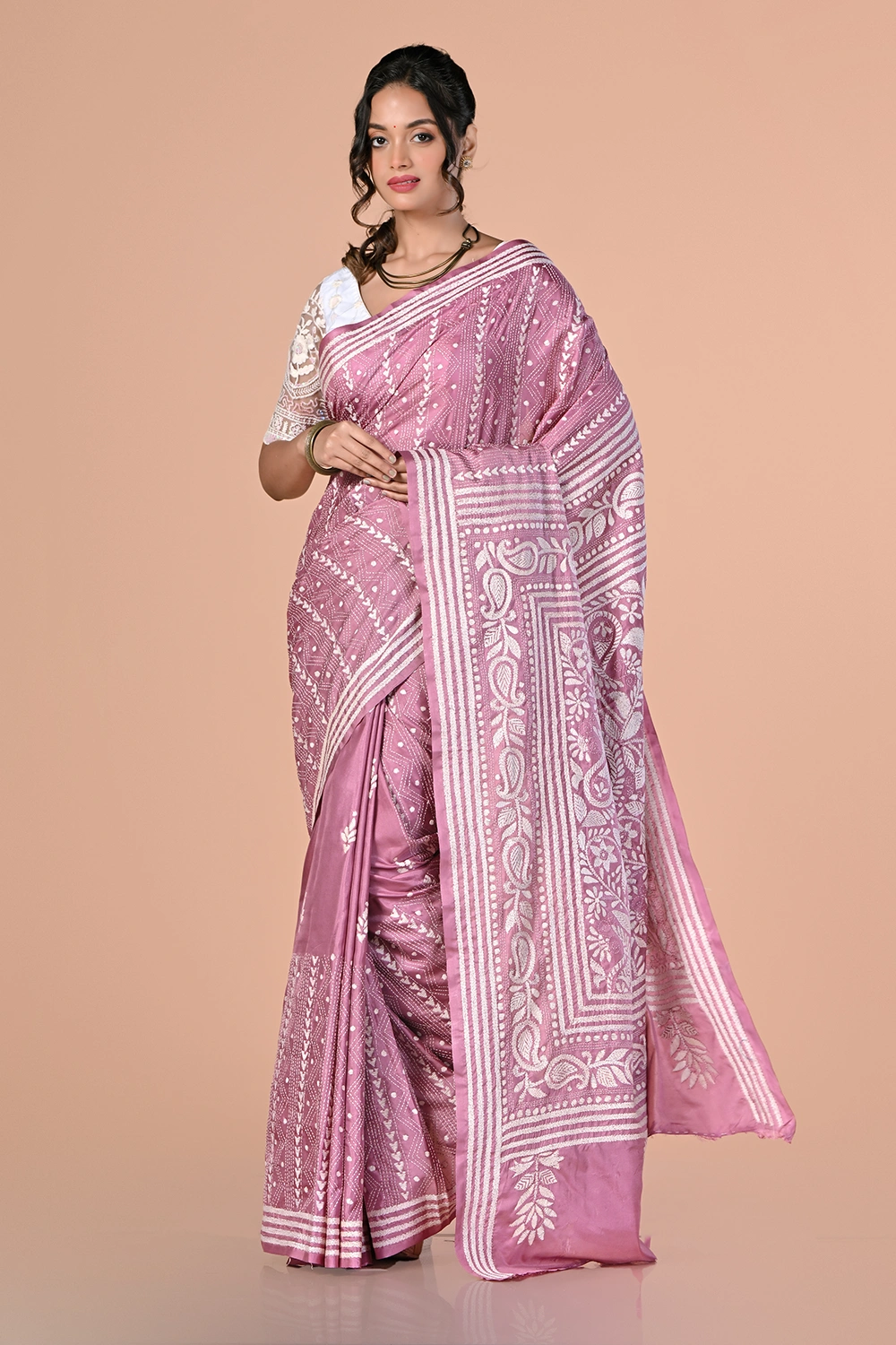 Dusty Pink Kantha Stitch Saree