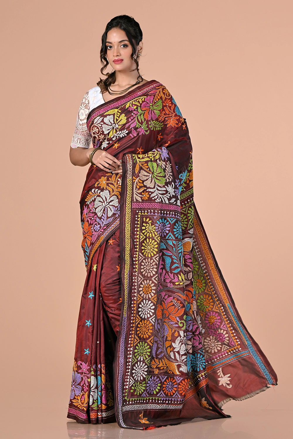Dark Brown Kantha Stitch Saree