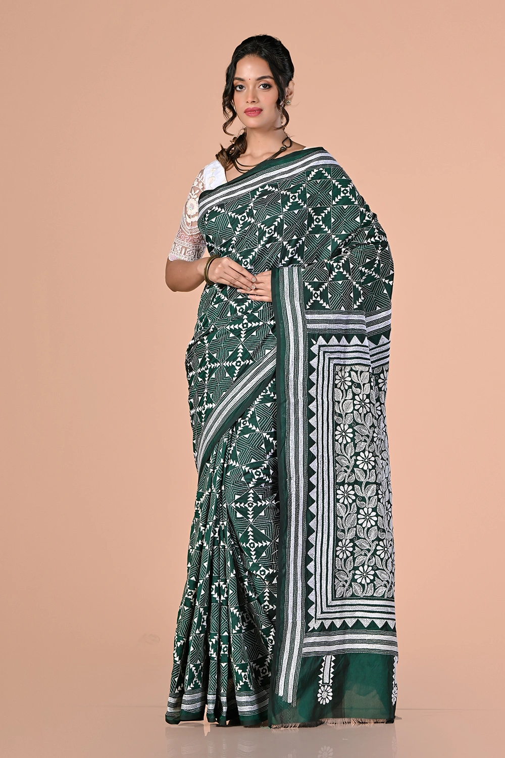 Dark Sea Green Kantha Stitch Saree