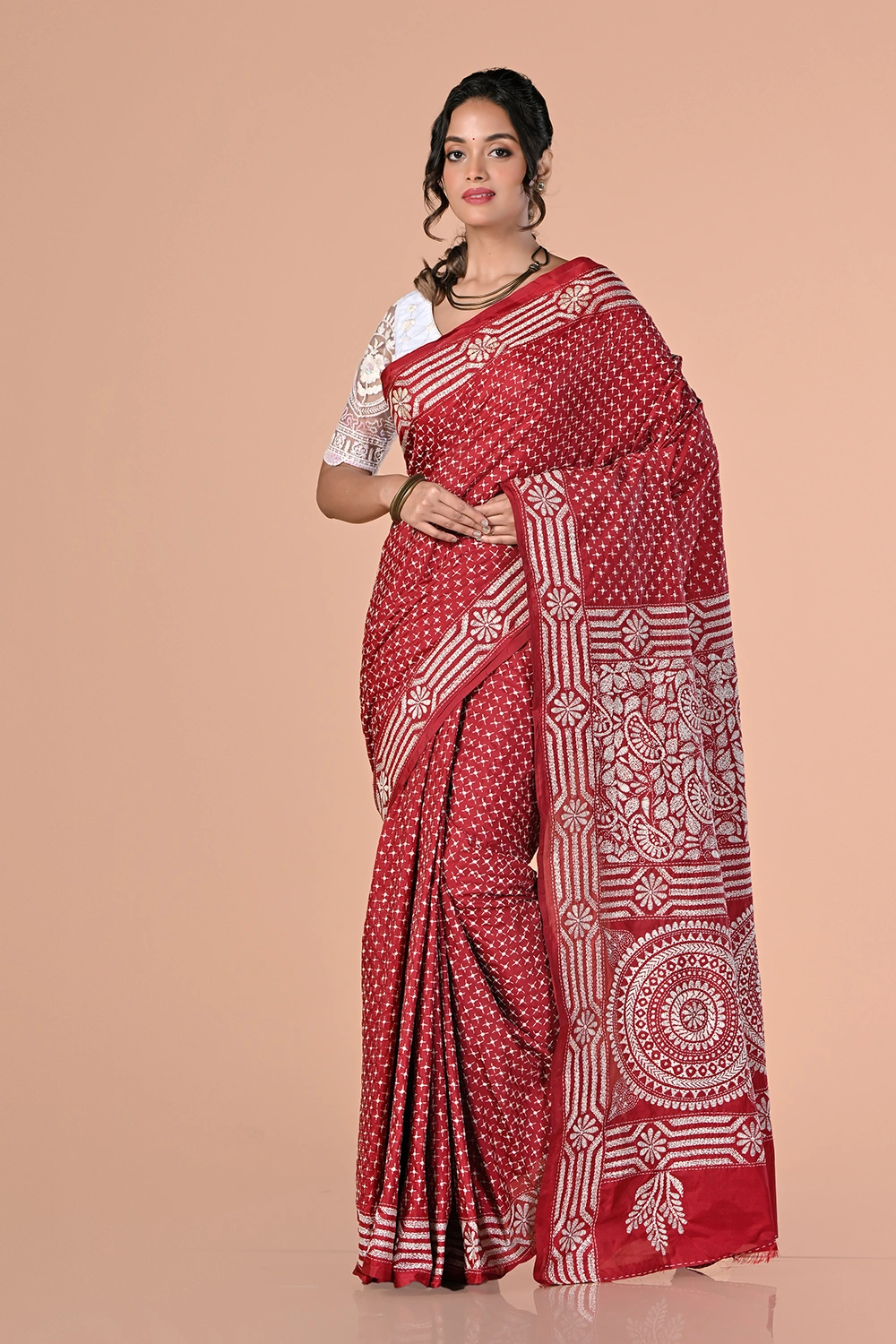 Crimson Red Kantha Stitch Saree