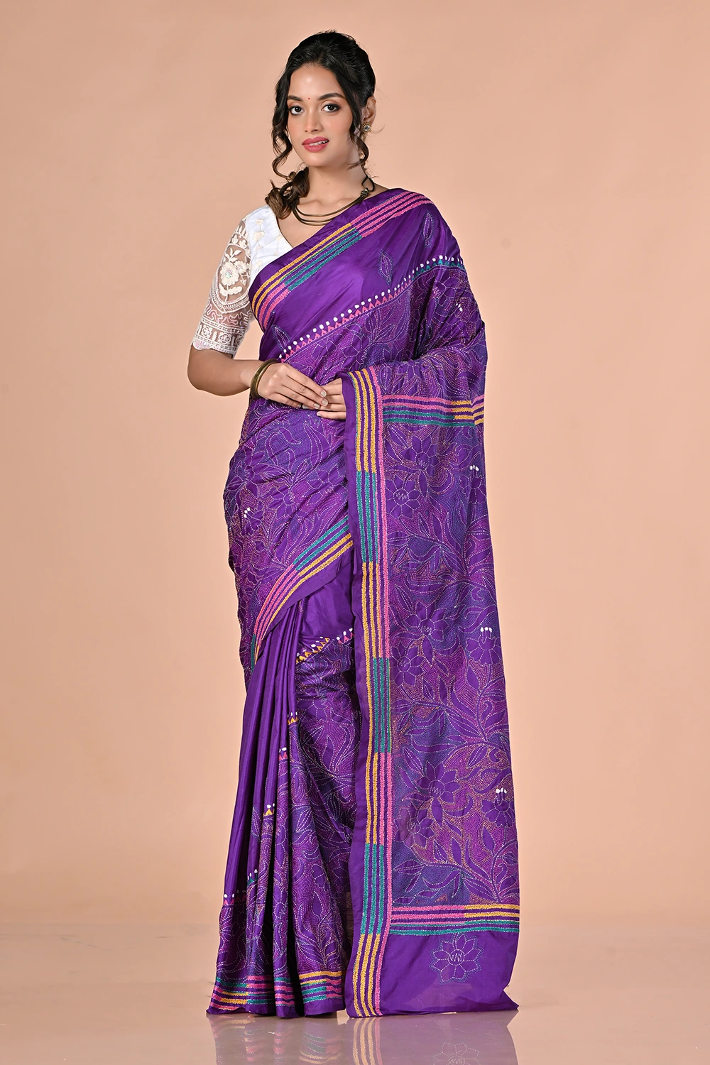 Purple Amethyst Kantha Stitch Saree