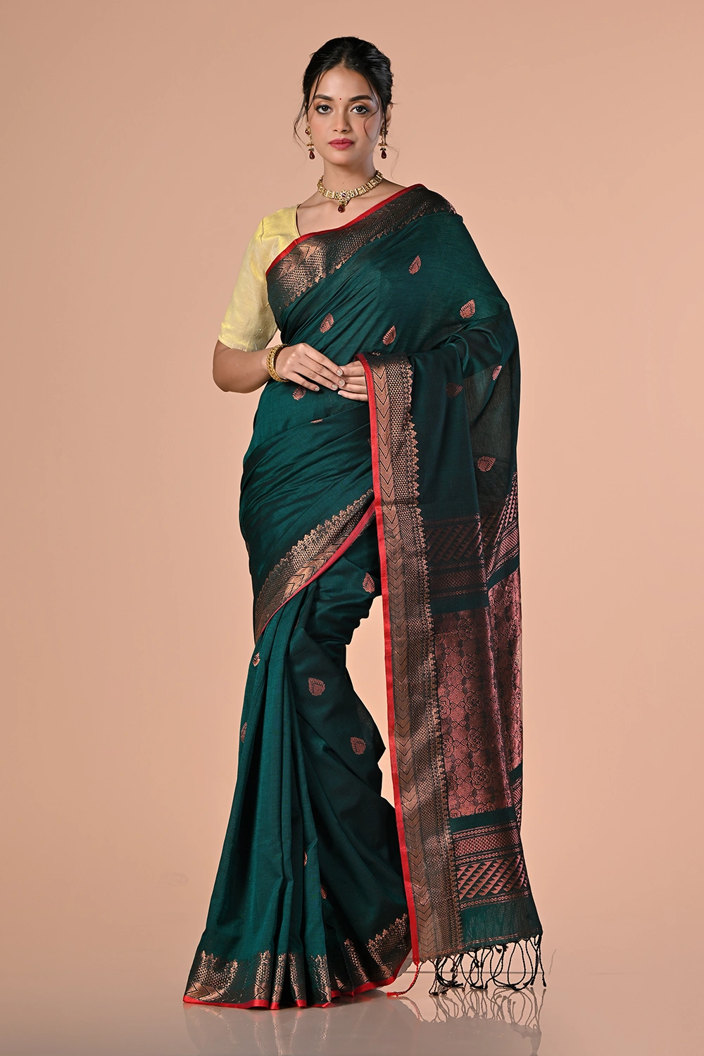 Deep Teal Green Cotton Handloom Saree
