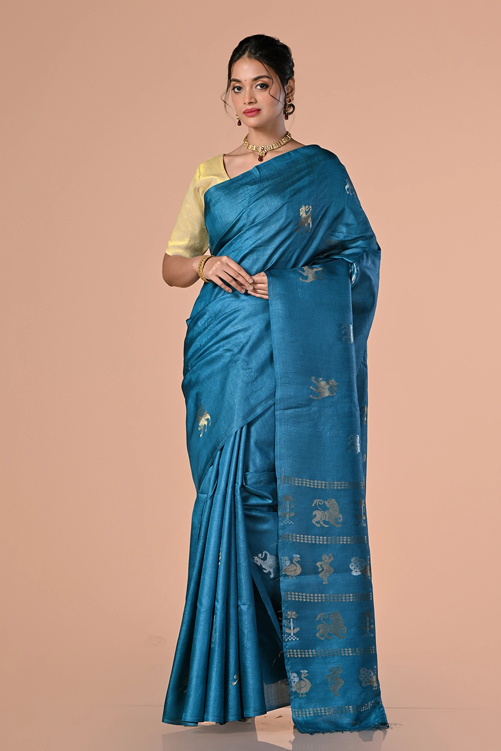 Steel Blue Tassar Jamdani Saree