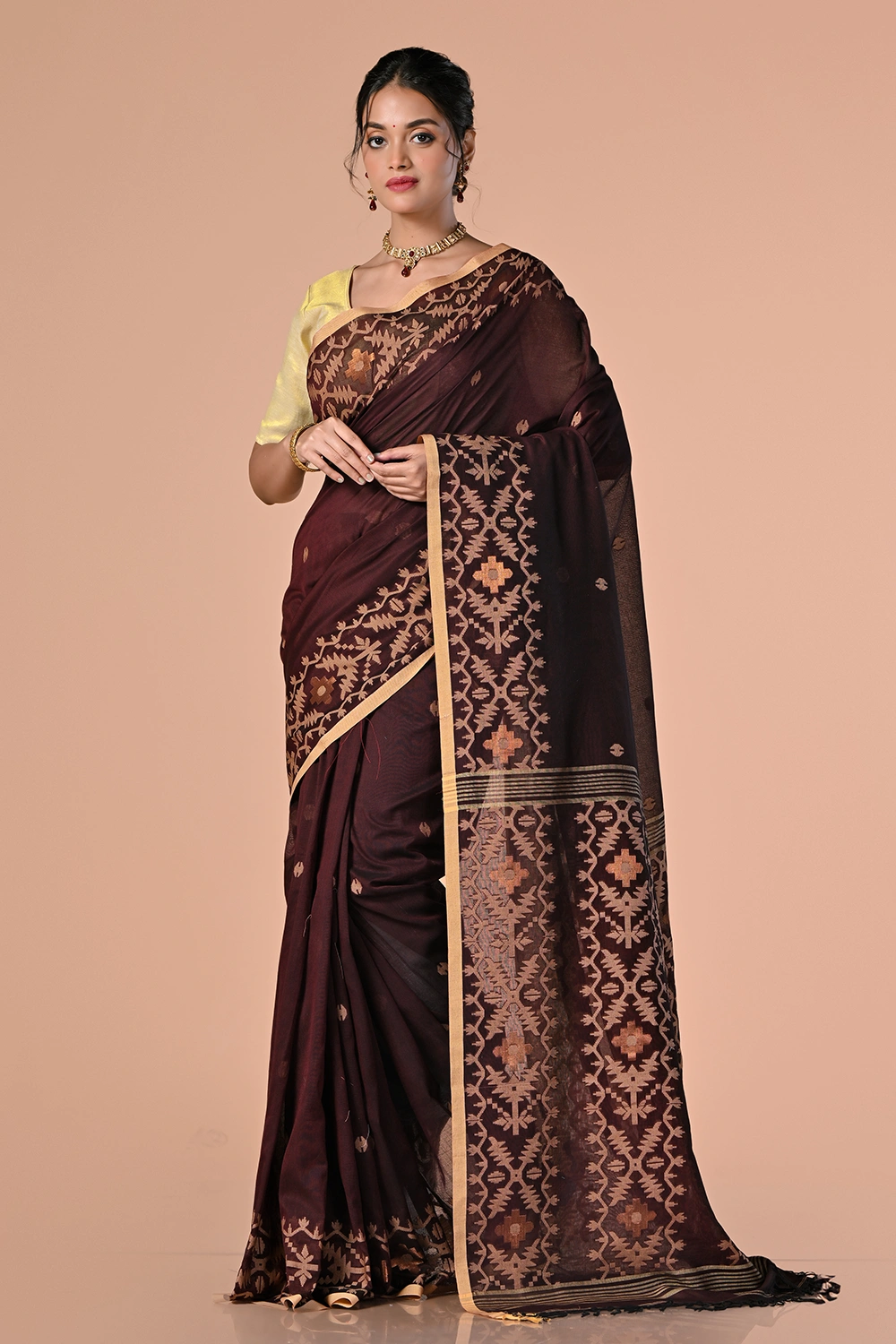 Dark Brown Cotton Handloom Saree