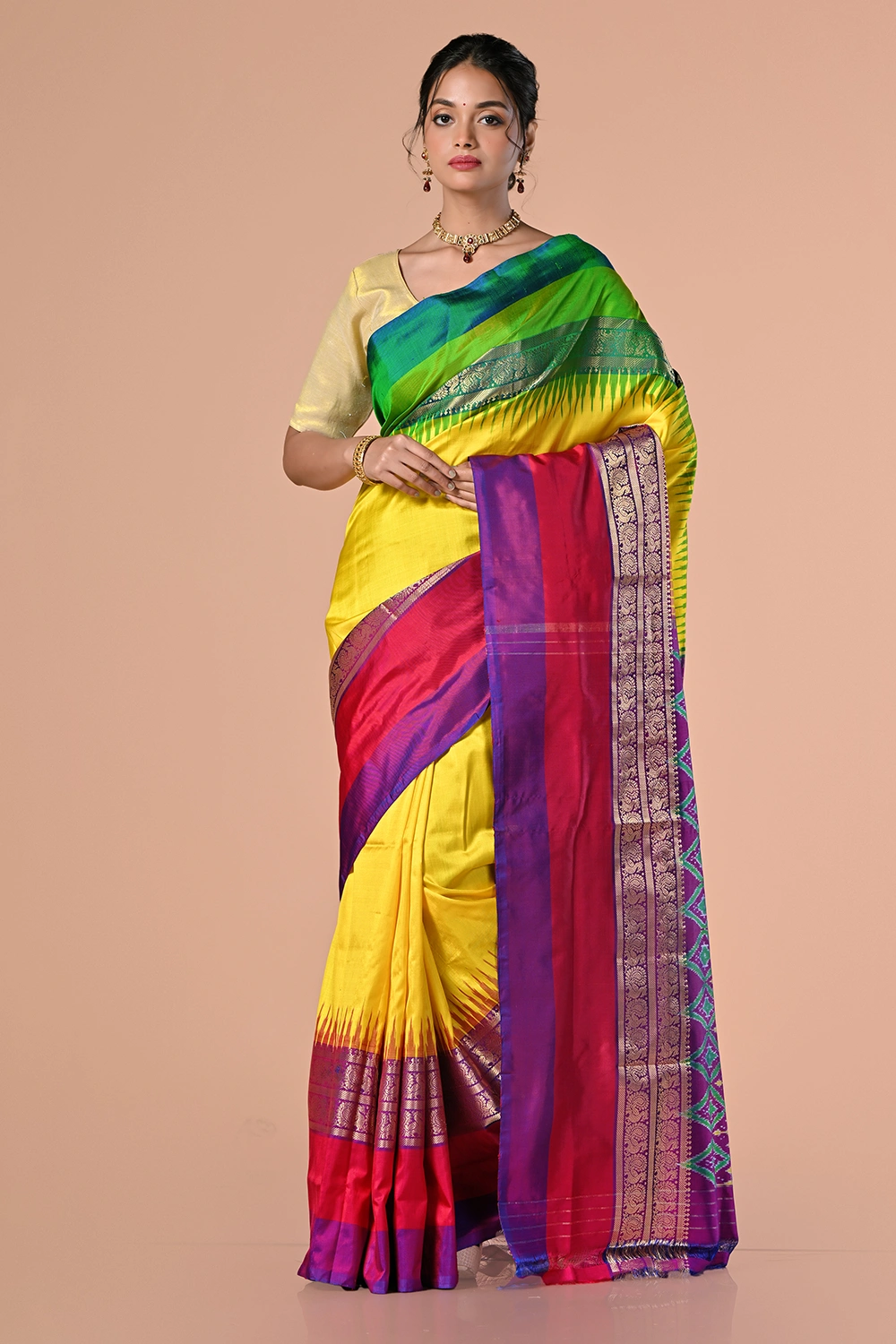 Golden Yellow Pure Ikkat Silk Saree