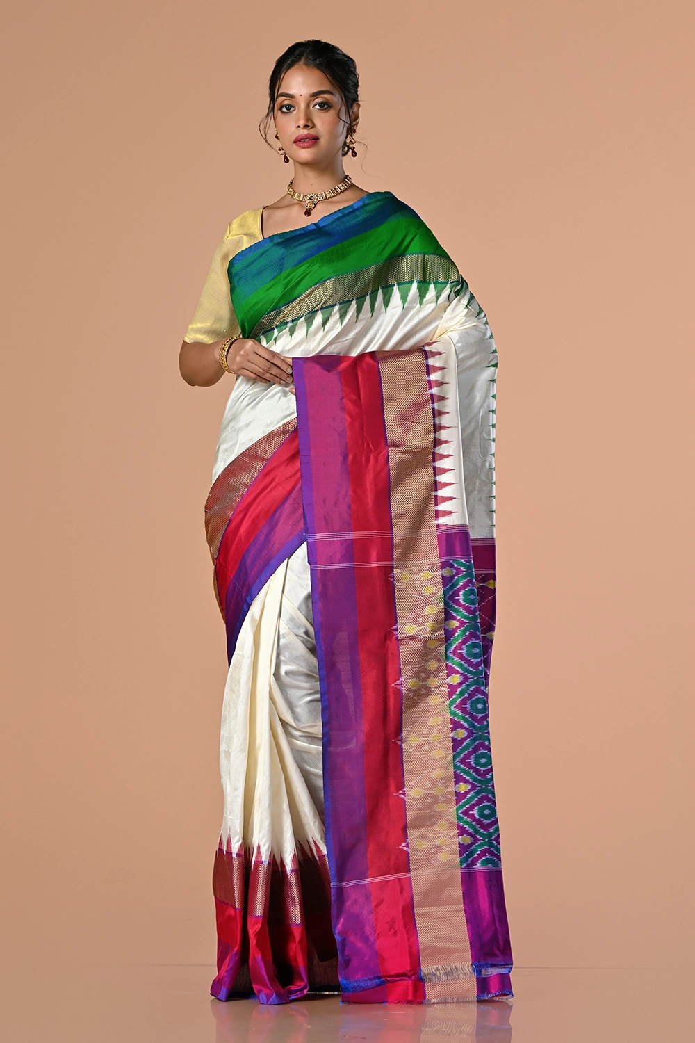 Pearl White Pure Ikkat Silk Saree