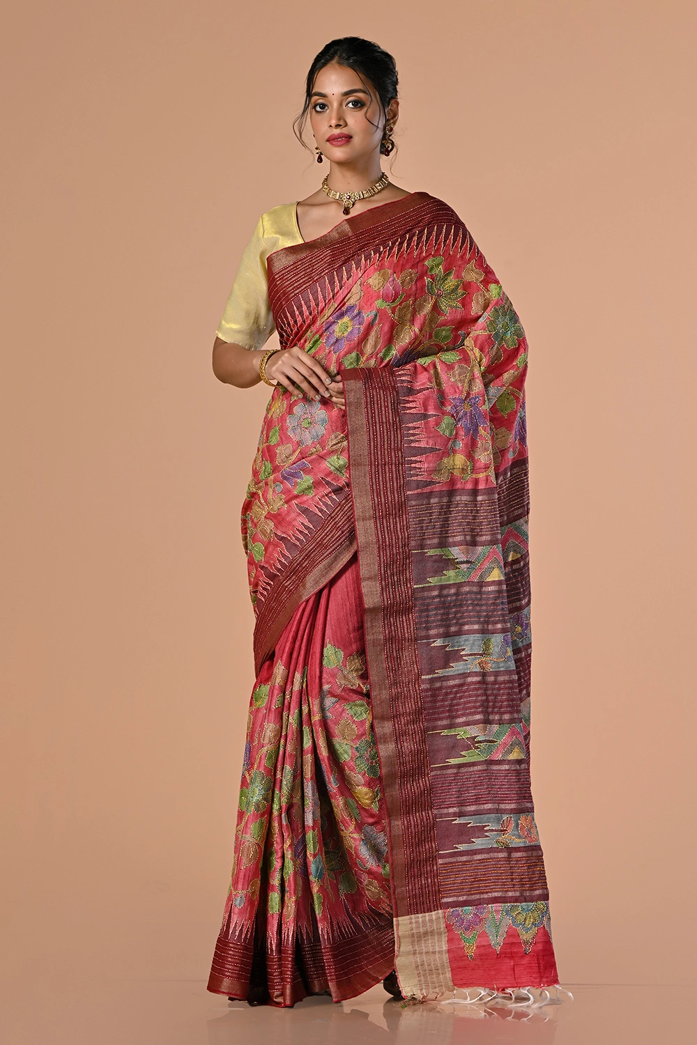 Coral Red Pure Tussar Kantha Stitch Saree
