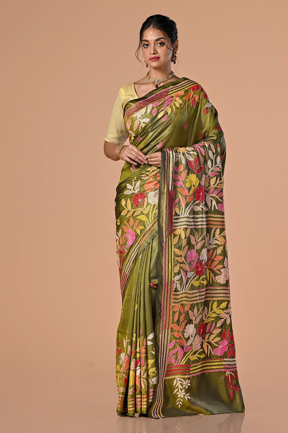 Olive Green Kantha Stitch Saree