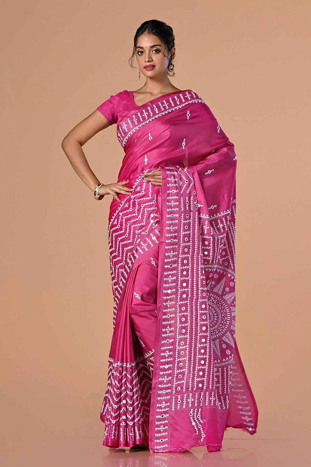 Rose Pink Kantha Stitch Saree