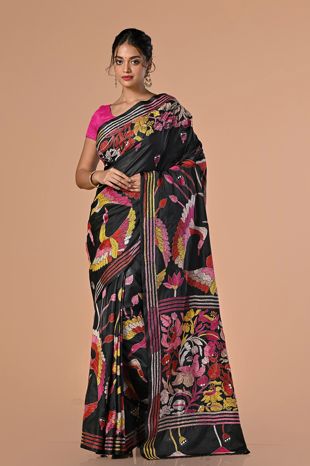 Deep Black Kantha Stitch Saree