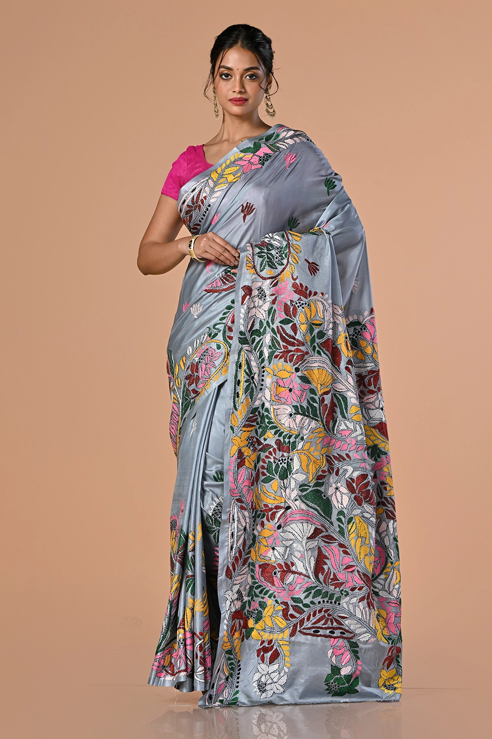Slate Gray Kantha Stitch Saree