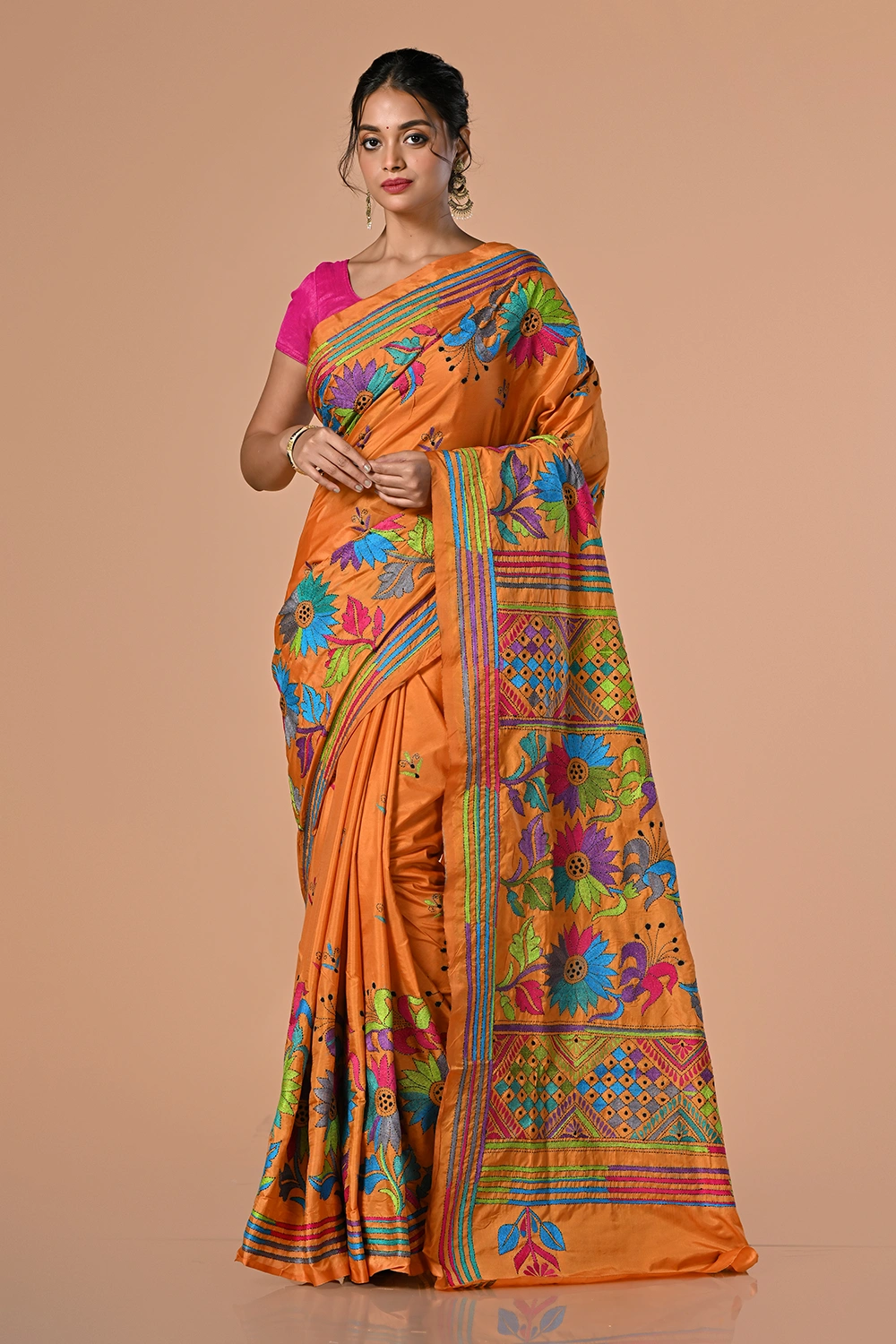 Burnt Orange Kantha Stitch Saree