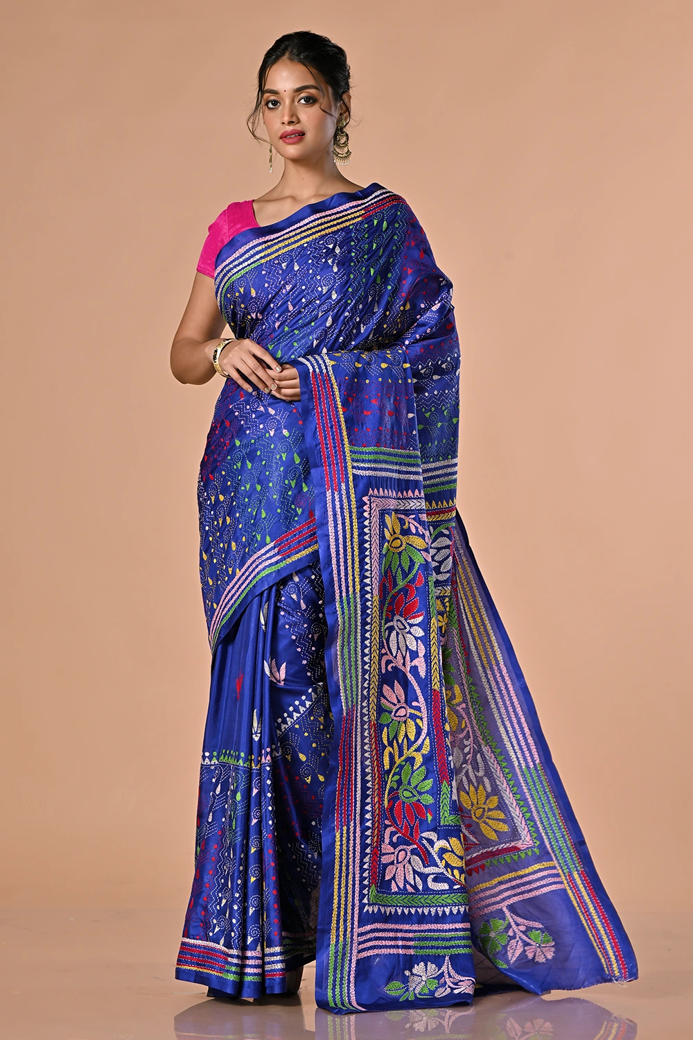 Deep Royal Blue Kantha Stitch Saree