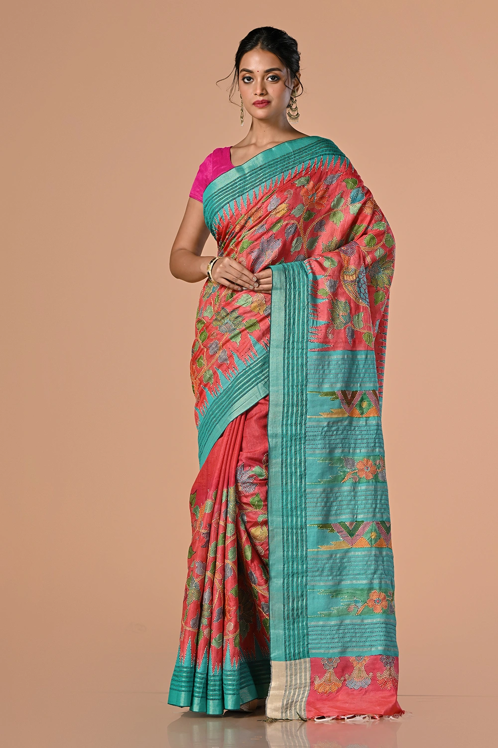 Muted Red Pure Tussar Kantha Stitch Saree
