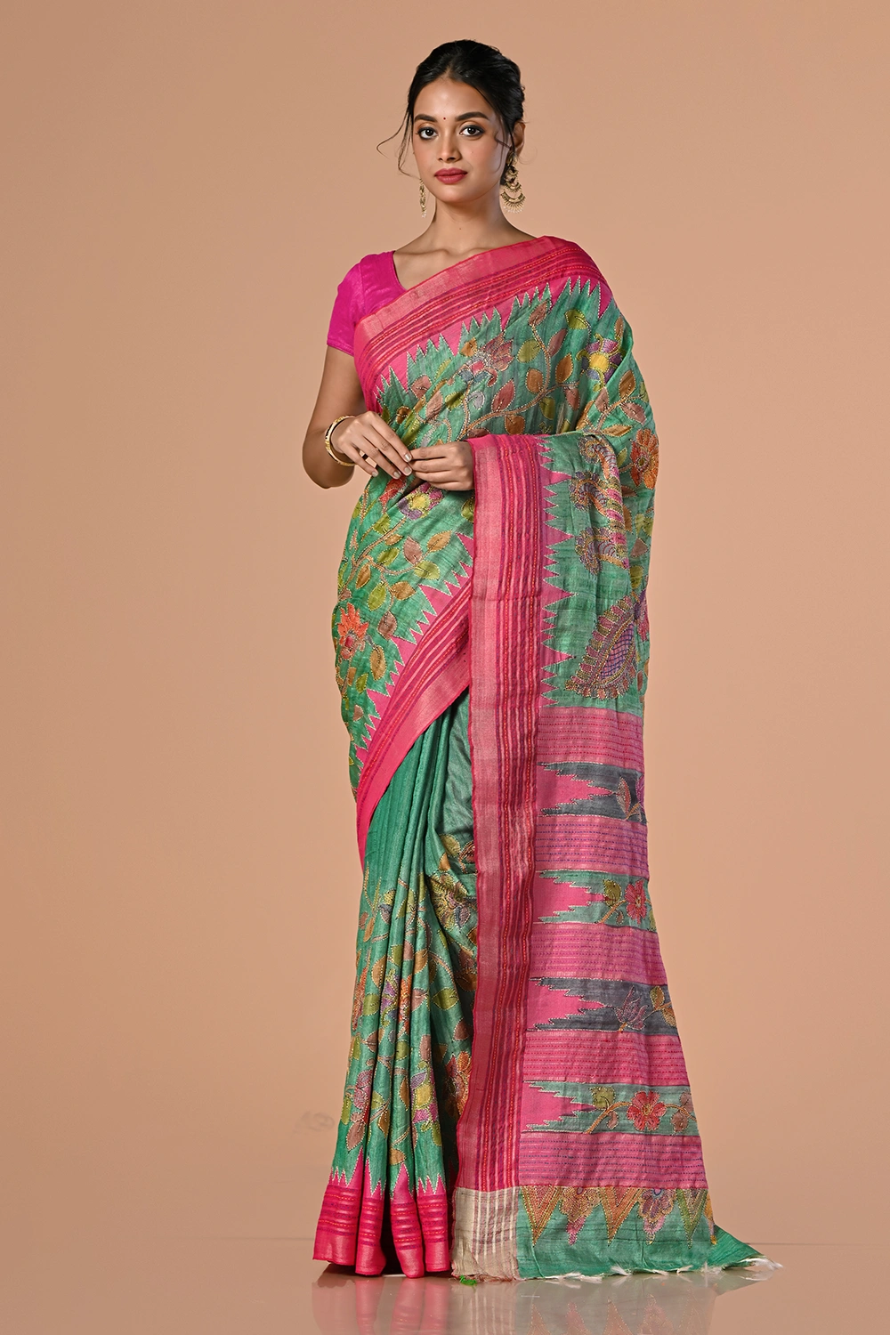 Jade Green Pure Tussar Kantha Stitch Saree
