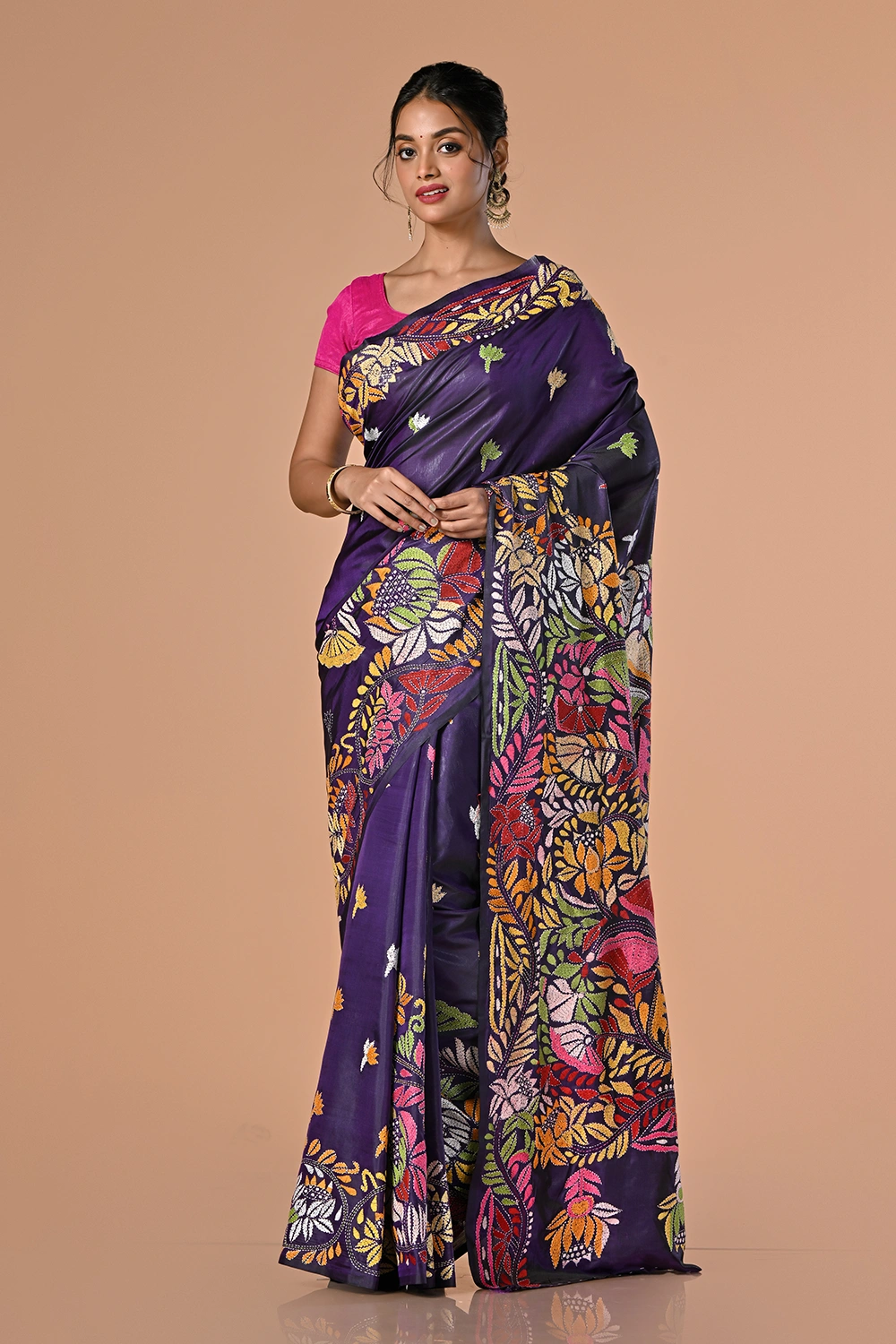 Deep Violet Kantha Stitch Saree