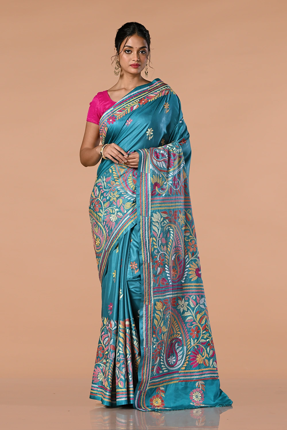 Sky Blue Kantha Stitch Saree
