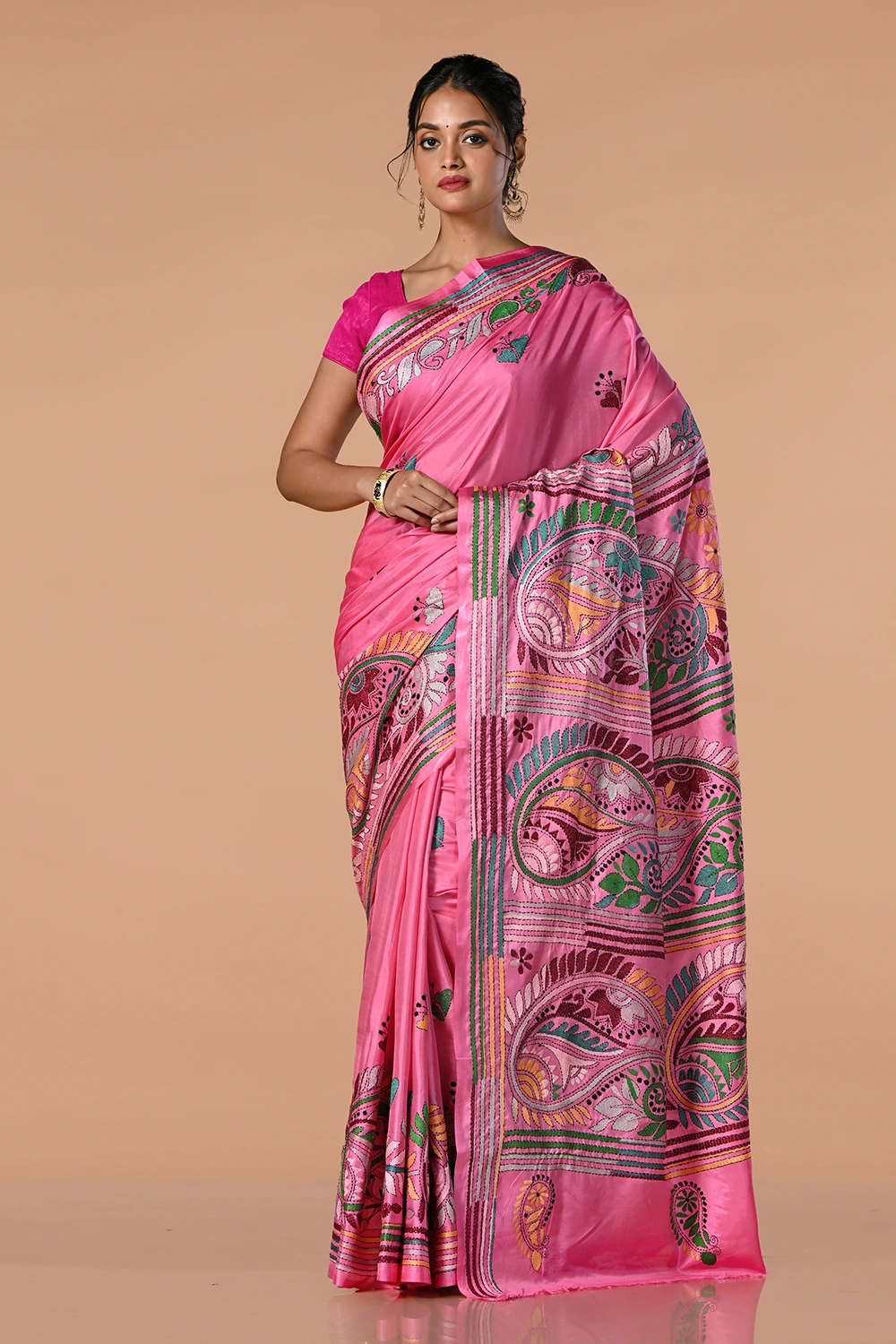 Warm Pink Kantha Stitch Saree