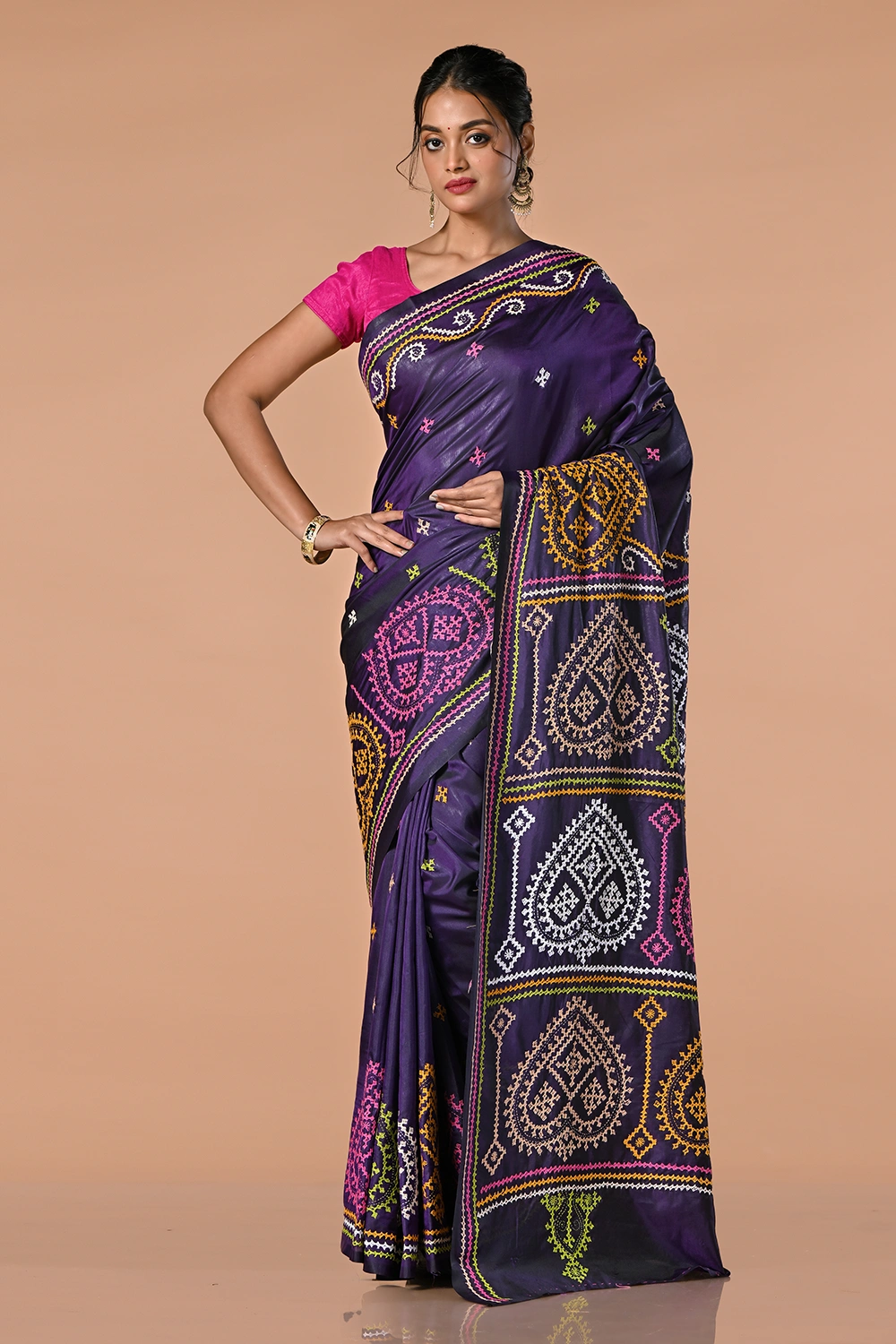 Deep Purple Kantha Stitch Saree