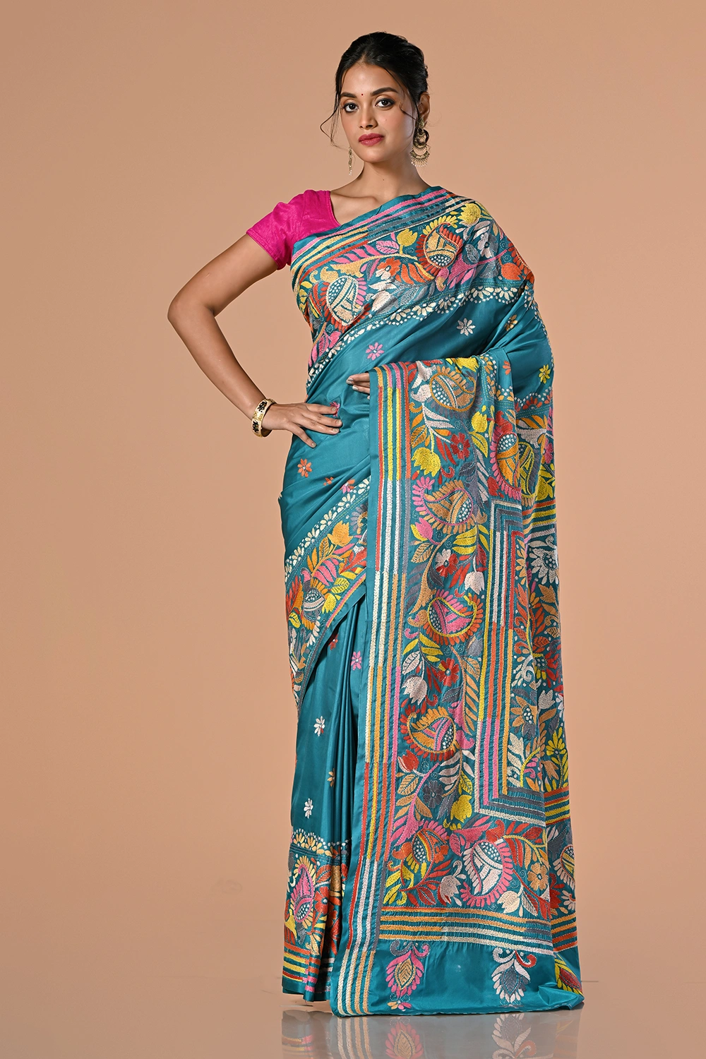 Teal Blue Kantha Stitch Saree