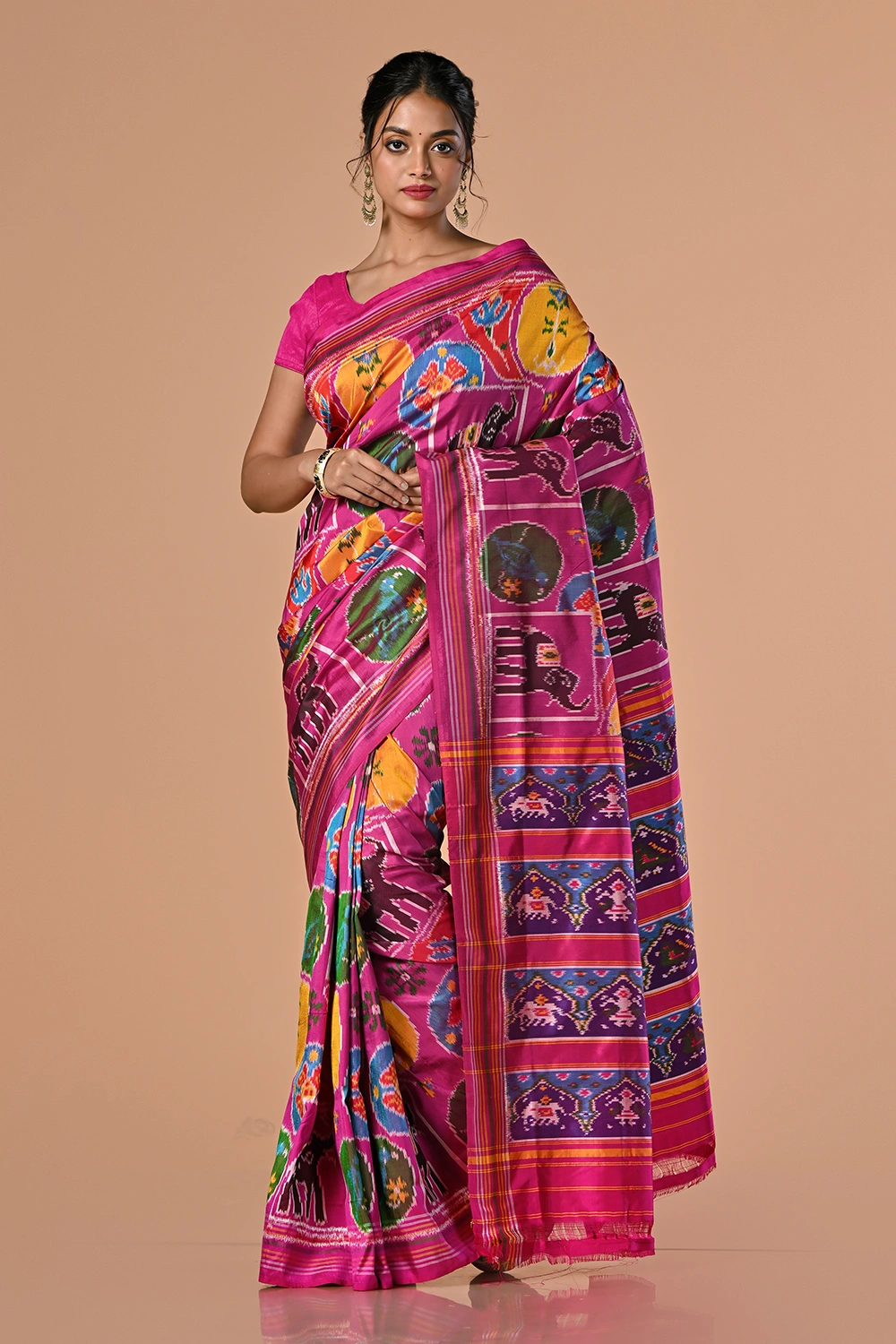 Raspberry Pink Pure Ikkat Silk Saree