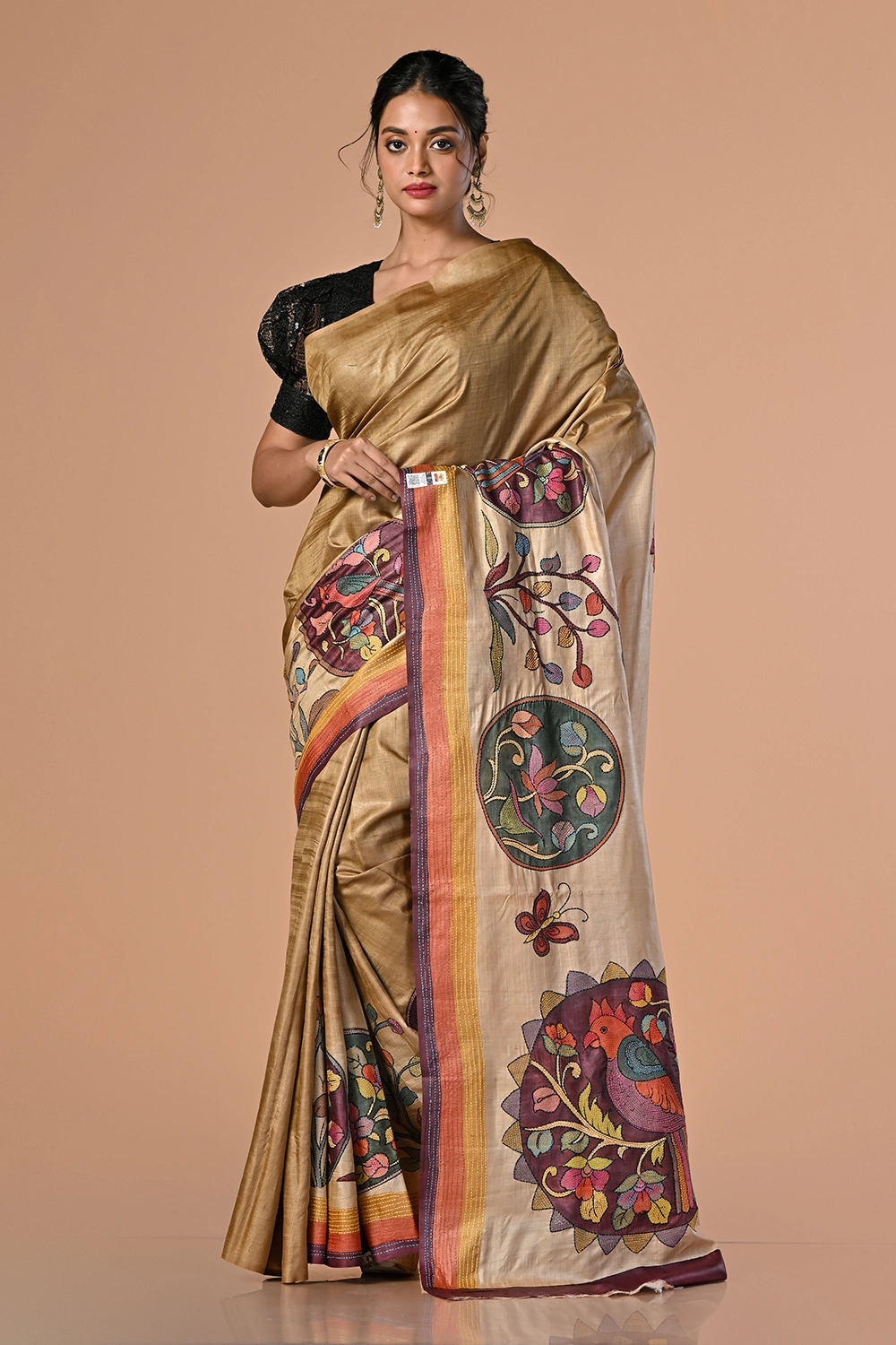 Brownish Beige Pure Tussar Kantha Stitch Saree