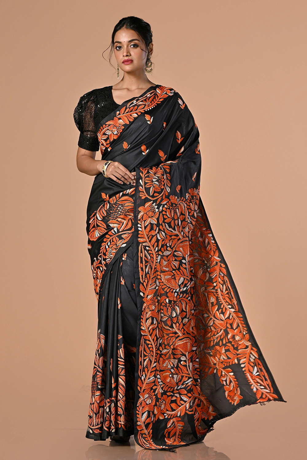 Deep Black Kantha Stitch Saree