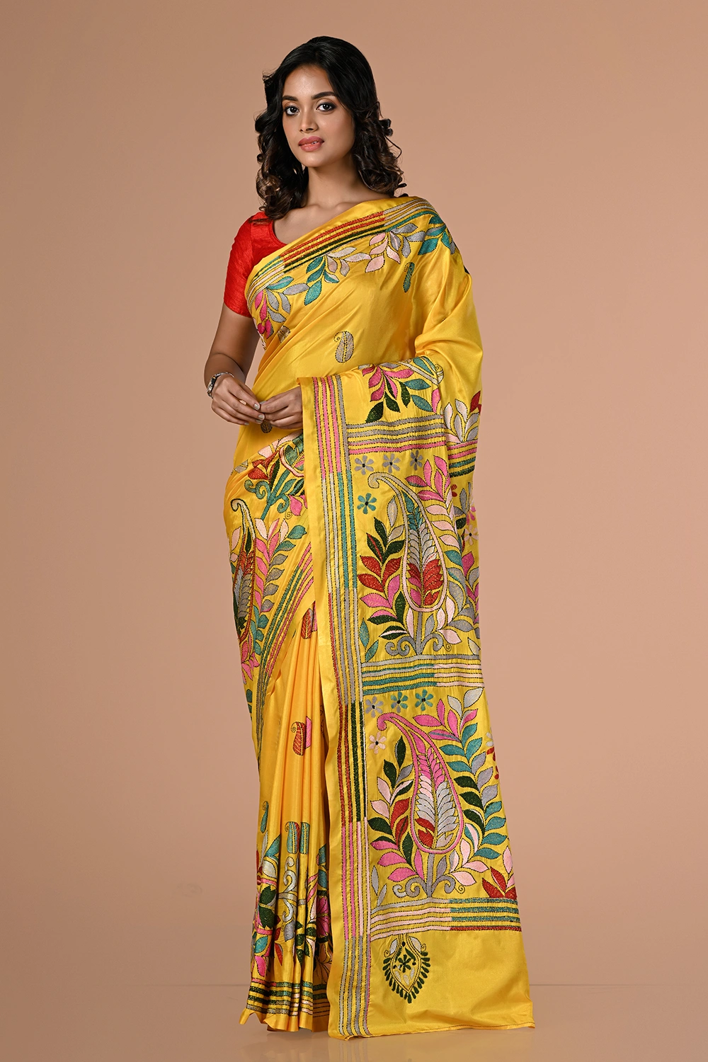 Deep Yellow Kantha Stitch Saree