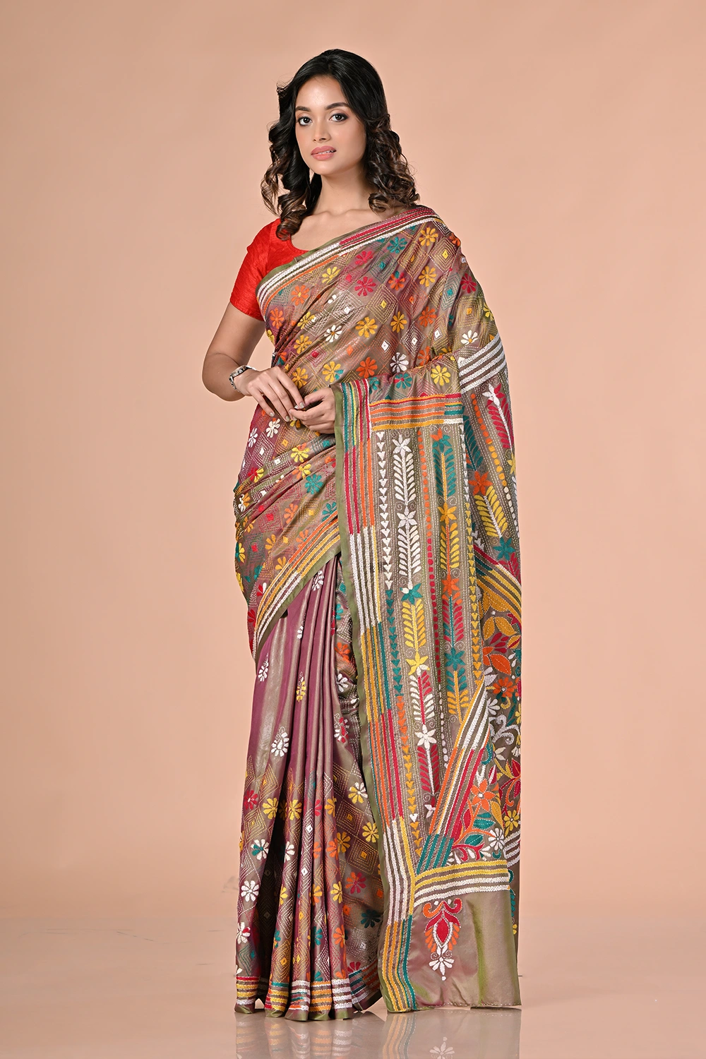 Muted Brown Kantha Stitch Saree
