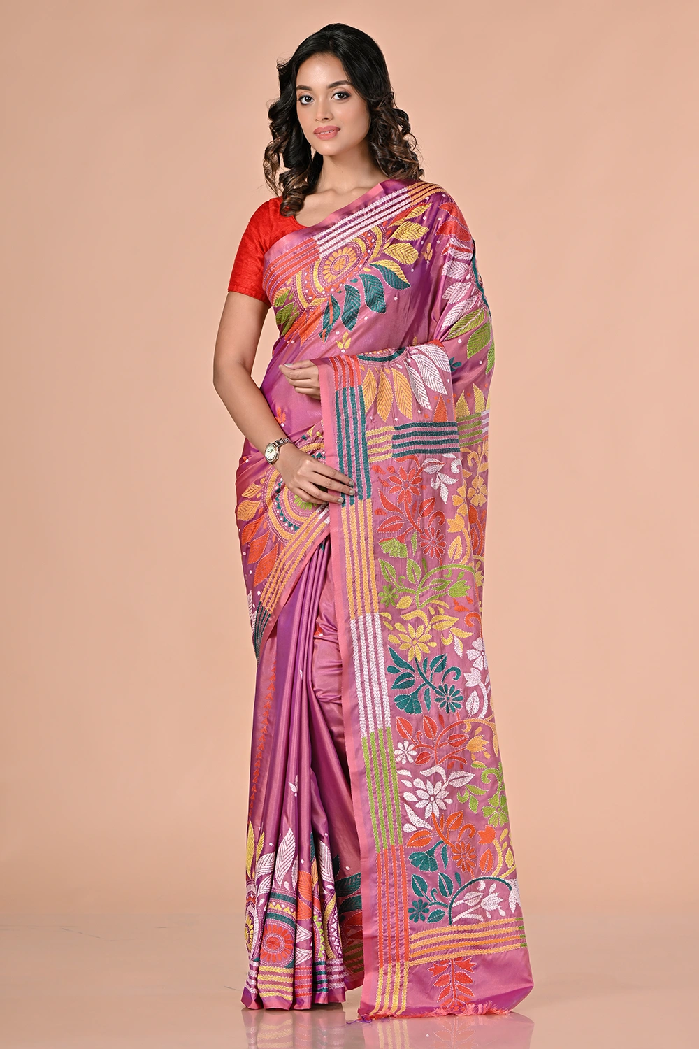 Rose Pink Kantha Stitch Saree