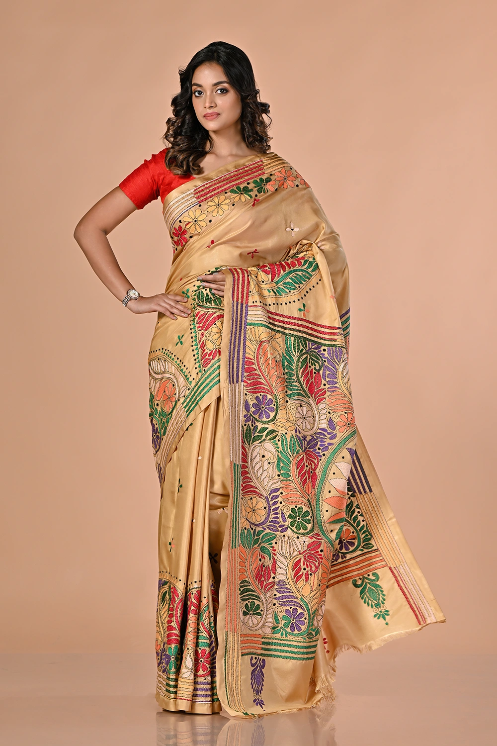 Caramel Brown Kantha Stitch Saree